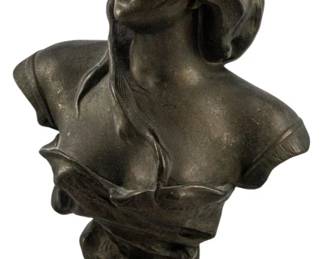 843 - French Art Nouveau Atala Spelter Bust 13" (Description): French Art Nouveau spelter bust depicting  Atala, a classical literary figure. The  sculpture features a young woman in flowing  drapery with her head turned in profile. The  piece is mounted on a pedestal base with the name "Atala" inscribed. Measures13 inches in  height.
