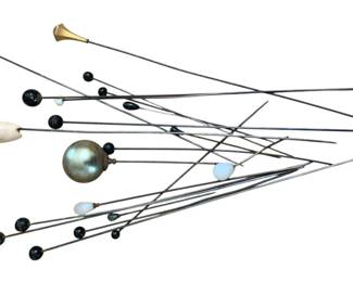 1364 - Lot of Vintage Hat Pins (Description): A lot of hat pins featuring various  decorative finials including glass beads,  moonstone, and metal accents.