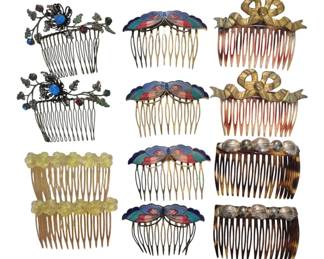 1474 - Collection of Decorative Hair Combs (Description): A group of decorative hair combs featuring  various styles and materials. The collection  includes pairs of cloisonne enamel butterfly  combs with colorful wing designs, ornate  metal floral combs with blue stone accents and trailing vine motifs, tortoiseshell-style  combs with gilt bow decorations, amber-toned  combs with frosted yellow floral  embellishments, and faux tortoiseshell combs  with silver-toned shell decorations. The