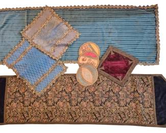 1433 - Group Vintage Table Runners & Etc (Description): The collection includes a blue ribbed silk  runner with gold braided trim, a  tapestry-style runner with floral leaf  pattern in muted pink and green tones with  navy velvet accents, and accompanying decorative pieces including quilted fabric  coasters and a velvet-lined trinket holder.  Each runner features decorative edging and  period-appropriate styling. Longest 48"