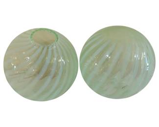 393 - 2 Opalescent Optic Swirl Ball Shades (Description): Pair of opalescent optic swirl ball shades  with opening. These decorative glass shades  feature a distinctive swirled pattern.  Measures 5 inches by 4.5 inches.