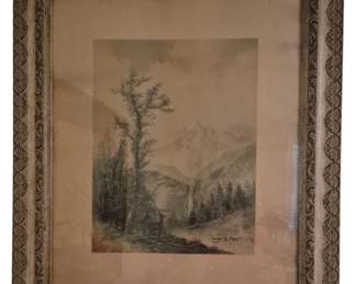 3771 - Jay Hoover Engraving of Stag w/Mtn 29"x26" (Description): Jay Hoover engraving depicting a stag in a  mountainous landscape. The scene shows a deer  standing among fallen timber with tall pine  trees and snow-capped mountain peaks in the  background. Presented in an ornate antique gesso frame with decorative scrollwork  border.