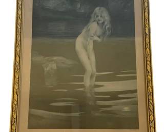 1163 - Nude Lady in Water Framed Print (Description): A framed print depicting a nude female  figure. The piece is presented in a  decorative gilt frame with carved leaf  detail. Measures 10 inches by 14 inches.