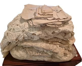 3762 - Lot of Popcorn Spread & Lace Runners (Description): A collection of vintage textile linens  featuring a popcorn spread and assorted lace  runners. The lot includes various crocheted  and lace pieces in cream and ivory tones,  along with embroidered linens. The pieces showcase different lacework techniques  including filet crochet and cutwork designs,  suitable for table decoration and display.