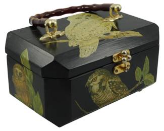 1778 - Decoupage Octagonal Wood Handbag Bakelite (Description): Vintage decoupage octagonal wooden handbag  with Bakelite handle. Features decorative owl  motifs on a black ground with brass-tone  hardware closure. Measures 5 inches by 9  inches by 6 inches.