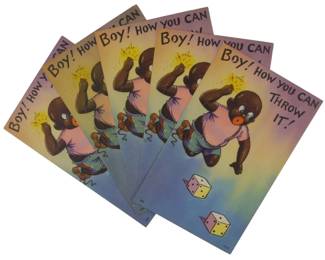 896 - "Boy How You Can Throw It" Postcards Vintage (Description): Five vintage "Boy How You Can Throw It"  postcards featuring colorful illustrations of  figures playing dice. These collectible  postcards represent a notable example of  mid-20th century graphic design and Americana ephemera.