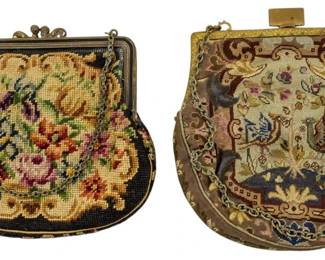 154 - 2 Vintage Tapestry Handbags (Description): Two vintage tapestry handbags featuring  needlepoint designs with metal frames and  chain handles.