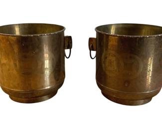1420 - 2 Brass Buckets 10"x10.5" (Description): Pair of brass buckets featuring ring handles  on each side.