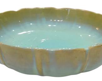 688 - Early Fulper Pottery Lotus Shape Bowl (Description): Likely produced in the early 1900s. Features  a distinctive scalloped or petal-like edge  resembling a lotus flower, with a two-tone  glaze, combining green and blue tones.  Measures 3 inches tall by 9 inches in diameter.