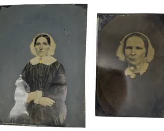 199 - 2 Large Antique Tintypes of Woman (Description): Two large tintypes featuring portraits of a  woman. These antique photographic images  showcase the distinctive tintype process  popular in the 19th century.