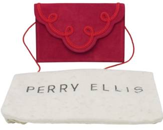 1838 - Perry Ellis Envelope Clutch w/ Storage Bag (Description): Vintage Perry Ellis envelope clutch with  storage bag. The clutch features a decorative  scalloped flap design with cord trim and a  rope shoulder strap. Measures 6" x 8" x 2".  Includes original Perry Ellis dust bag for storage.