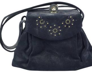 1800 - Vtg Manan for Bonwit Teller Satin Handbag (Description): Vintage Manan for Bonwit Teller satin handbag  featuring decorative floral embellishments  on the front flap. The bag has a structured  frame with a clasp closure at the top and a  long shoulder strap. Measures 6 inches by 7 inches by 3.5 inches.