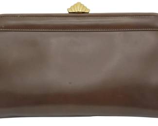 1787 - Anne Klein Leather Clutch Bag 7"x12"x2.5" (Description): Anne Klein leather clutch bag featuring a  sleek design with a gold-tone clasp closure.  Measures 7 inches high by 12 inches wide by  2.5 inches deep.