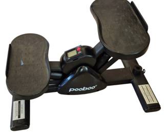 2835 - Pooboo Miniature Step Machine (Description): Pooboo miniature step machine in black. This  compact stepper features textured non-slip  foot pedals, a digital display monitor for  tracking workout progress, and side  handlebars with foam grips for stability. The sturdy metal frame construction makes it  suitable for home fitness use. Used as is electric/electronic/mechanical  item. No guarantee all components, untested.