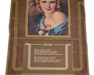 3976 - 1938 Harmer Funeral Home Calendar (Description): 1938 advertising calendar from Harmer Funeral  Home of Shinnston, West Virginia. Features a  portrait illustration of a young woman named  Delores holding roses, rendered in soft  pastel tones. The calendar includes a nostalgic poem about 1938 and notes that the  funeral home was established in 1852. Lists  proprietors David J. Harmer, Fred D. Painter,  and John B. Maynard. Shows age-related wear  and creasing to the paper. Measures 27" x