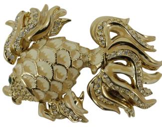 1927 - Vtg 1980s St. John Rhinestone Enameled Fish (Description): Vintage 1980s St. John rhinestone enameled  fish brooch. This decorative piece features  rhinestone accents and enameled detailing in  a fish design.