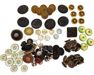 1453 - Assorted Vintage Buttons & Sewing Items (Description): A collection of assorted vintage buttons and  sewing items featuring a variety of styles  and materials. The lot includes  mother-of-pearl buttons in pale green and  cream tones, ornate black glass buttons with floral and geometric patterns, brass  military-style buttons with embossed designs,  decorative copper-toned buttons with raised  motifs, and an assortment of celluloid and  composition buttons in various shapes and