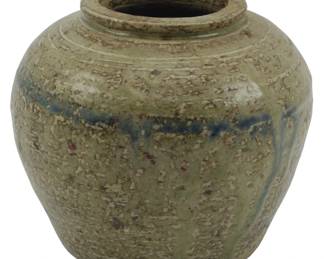 868 - Chinese Stoneware Pottery Vase 4" (Description): Chinese stoneware pottery vase featuring a  celadon green glaze with blue drip accents.  The vessel has a rounded, bulbous form with a  short neck and rolled rim, displaying  characteristic weathering and glaze loss consistent with age. Measures 4 inches.