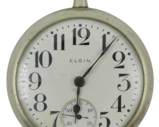 1911 - Elgin Pocketwatch (Description): Elgin pocketwatch featuring a classic  open-face design with Arabic numerals and a  subsidiary seconds dial. Used as is electric/electronic/mechanical  item. No guarantee all components, untested.