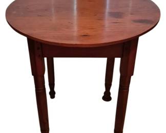 3727 - Knotty Pine Table Pegged 28.5"x27" (Description): Knotty pine table with pegged construction.  This charming round-top table features turned  legs with ball feet and a warm, rich finish  that highlights the natural knotty pine  character. The traditional construction with visible pegged joinery speaks to its  handcrafted quality.