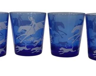 944 - 6 Hazel Atlas Tally Ho Blue Tumblers 3.5"