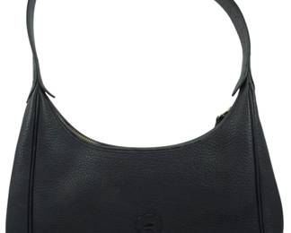 1832 - Vtg Dooney & Bourke Leather Handbag (Description): Vintage Dooney & Bourke leather handbag in  black pebbled leather featuring the signature  embossed logo on the front. This classic  shoulder bag offers a timeless silhouette  with a single strap design. Measures 9 inches high by 13 inches wide by 4 inches deep.