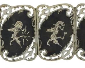 1895 - Sterling Silver Zodiac Bracelet 1.84oz (Description): A sterling silver bracelet featuring zodiac  motifs on linked panels with ornate openwork  borders. Weight: 1.84oz.