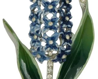 1928 - Vintage Coro Hyacinth Rhinestone Brooch (Description): Vintage Coro hyacinth brooch featuring  rhinestone accents and metal construction.  The floral design showcases the classic Coro  craftsmanship with decorative rhinestone  details throughout the piece.