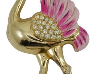 1931 - Coro Rhinestone & Enamel Flamingo Brooch (Description): Mid century Coro brooch featuring rhinestone  accents and enamel detailing. This decorative  piece showcases the distinctive styling  characteristic of the Coro brand during the  mid-twentieth century period.