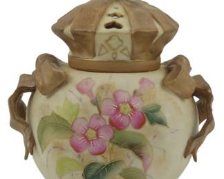 881 - Royal Leicester Incense Jar 7" (Description): Royal Leicester incense jar featuring a  decorative lidded design with ornate handles.  This ceramic piece showcases the  characteristic style of Royal Leicester  pottery. Measures 7 inches in height.