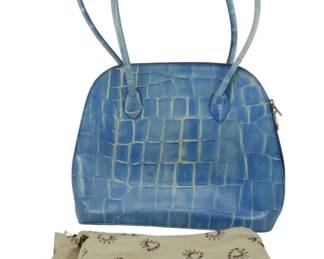 1831 - Vtg Caravel Blue Croc-Embossed Leather Dome (Description): Vintage Caravel blue croc-embossed leather  dome bag with storage bag. Measures 11 inches  by 13.5 inches.
