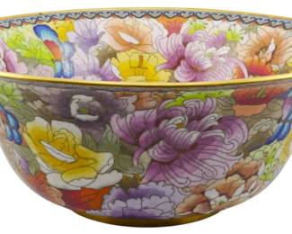 150 - Monumental Cloisonne Enamel Bowl 6"x15" (Description): Cloisonne enamel bowl featuring a colorful  floral design with gilt rim. Measures 6" x  15". With original price tag of $1390.00