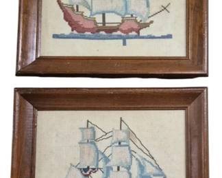 4120 - Pr Framed Ship Needlepoint Pictures 11"x13" (Description): Pair of framed ship needlepoint pictures  featuring sailing vessels. One depicts a  red-hulled ship with multiple sails, while  the other shows a blue and cream-colored  sailing ship flying an American flag. Both are presented in matching wooden frames with  cream backgrounds. Each measures 11" x 13".