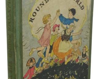 2522 - 1928 Ed. Playtime Round the World (Description): Playtime Round the World, 1928 edition. This  illustrated children's book by Frances Ellen  Funk features artwork by Eleanore Mineah  Hubbard. The volume is bound in green cloth  boards with a colorful pictorial front cover depicting children from various cultures  dancing and playing together.