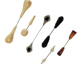 461 - Double Ended Vintage Hat Pins 6" (Description): A collection of double ended vintage hat pins  measuring 6 inches in length. The assortment  includes pins with various decorative  terminals including cream-colored celluloid  or bone bulbous ends, black beaded crochet-covered ends, ornate metal finials