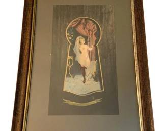 1400 - Peekaboo Keyhole 20th Century Print 14"x20" (Description): Features a stylized illustration of a woman  framed within a keyhole shape, a popular  decorative theme during that era.