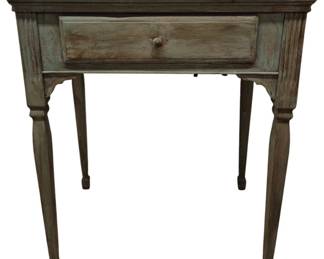 4092 - Antique Painted Wood Sewing Table 31"x26"x18" (Description): Antique painted wood sewing table featuring  fluted corner details, and tapered legs with  spade feet. The piece displays a weathered  blue-gray painted finish with natural wood  showing through, giving it a lovely distressed patina.