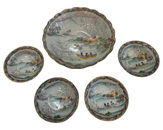 644 - Japanese Moriage 5pc Berry Bowl Set (Description): Featuring decorative painted designs with  scalloped edges. The largest bowl measures 2  1/2 inches by 9 inches.