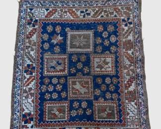 356 - Hand Woven Kazak Rug w/ Fraying 41"x36" (Description): The rug measures 41 inches by 36 inches.