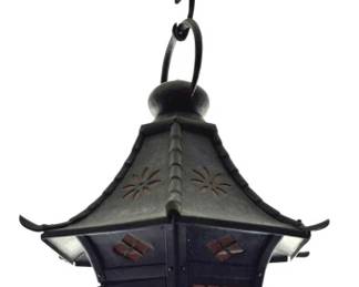 625 - Japanese Wrought Iron Pagoda Lantern (Description): On monkey arm hooks, size 17" tall for  lantern only. Used as is electric/electronic/mechanical  item. No guarantee all components, untested.
