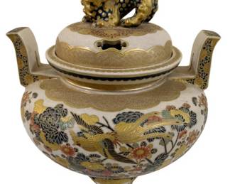 251 - Japanese Satsuma Incense Burner - 10.5 x 3.75 (Description): This piece includes two handles and a cover  topped with a gilded guardian mythical lion  known as a Komainu or Shishi finial