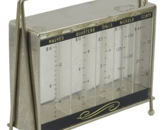 882 - Vintage M.A. Gerett Inc. Coin Bank 5.5" (Description): Vintage coin bank by M.A. Gerett Inc.  Features five compartments for sorting  different coin denominations including  halves, quarters, dimes, nickels, and cents,  with graduated markings to track accumulated value. Measures 5.5 inches. Used as is electric/electronic/mechanical  item. No guarantee all components, untested.