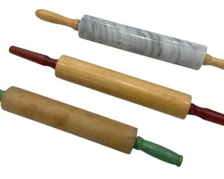 1241 - Three Vintage Rolling Pins Marble and Wood (Description): Collection of four vintage rolling pins. One  features a gray and white marbled stone  barrel with wooden handles. Three are crafted  from natural wood with painted handles in  red and green. All display classic traditional design suited for baking and  pastry preparation.