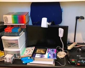 1000 - Desk Lot of Assorted Items - Computer & More (Description): Used as is electric/electronic/mechanical  item. No guarantee all components, untested.