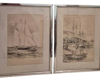 3813 - Pr of Pencil Signed Nautical Drawings 17"x13" (Description): A pair of pencil signed drawings depicting  nautical scenes. One features a sailboat  under full sail on open water, while the  other shows a harbor scene with moored boats  and a hillside village in the background. Both are matted and presented in matching  silver-tone metal frames. Each measures 17  inches by 13 inches.
