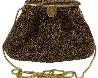 1824 - Vintage Cadaz Bronze Beaded Evening Purse (Description): Vintage Cadaz bronze beaded evening purse  featuring intricate beadwork throughout. The  purse has a gold-tone frame with clasp  closure and a gold-tone snake chain strap.  Measures 5 inches wide by 6 inches tall by 2 inches deep.