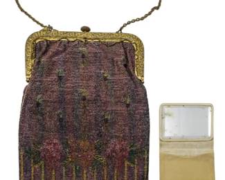 2 - Mesh Beaded Handbag with Mirror, Made in France (Description): 10.5x6.5