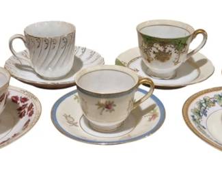 4188 - Occupied Japan Group of Cups & Saucers (Description): A group of cups and saucers from the Occupied  Japan period. The collection features  various decorative styles and patterns  typical of post-war Japanese porcelain  production.