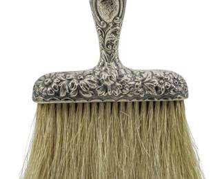 173 - Gorham Sterling Brush 6"x3.5" 2.78oz (Description): Gorham sterling silver brush featuring ornate  repousse floral and scrollwork decoration on  the handle and brush head. The brush retains  its natural bristles. Measures 6 inches by  3.5 inches and weighs 2.78 ounces.