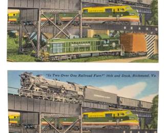 848 - Richmond VA Railroad Postcards (Description): Two Richmond, Virginia postcards featuring  railroad imagery. The postcards depict the  scene at 16th and Dock in Richmond, titled  'Is Two Over One Railroad Fare?' showing  multiple trains including Seaboard and Southern railway locomotives.